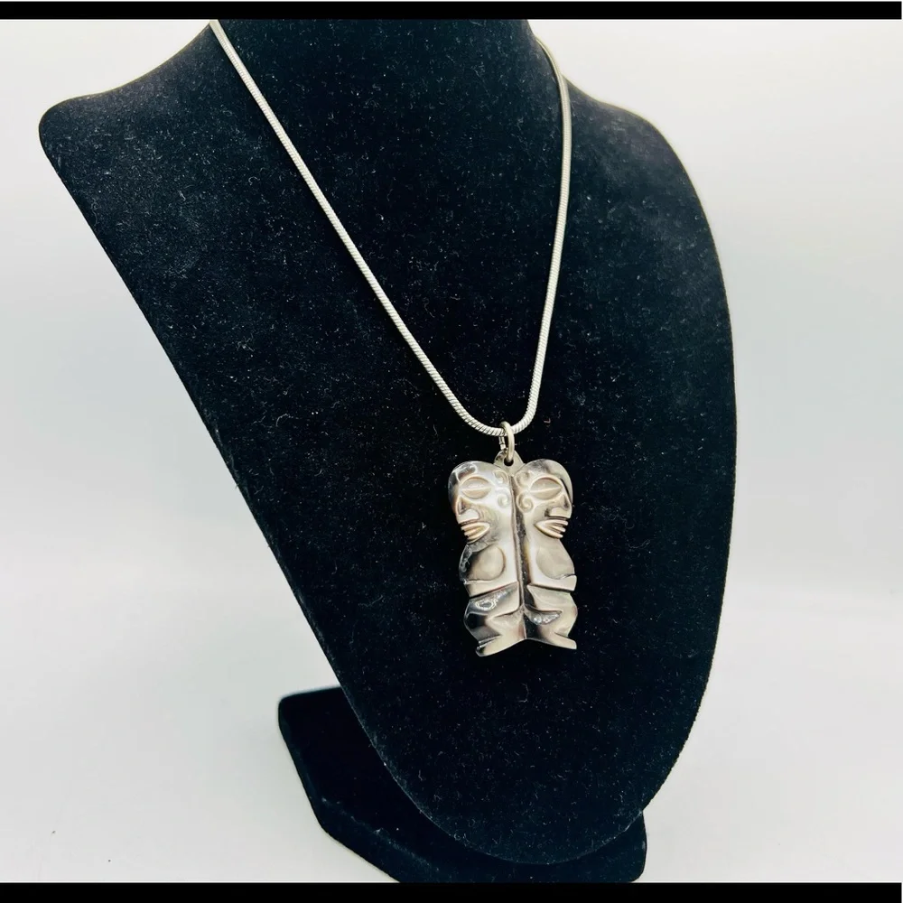 Vintage hand carved mother of pearl tiki pendant necklace tribal OOAK